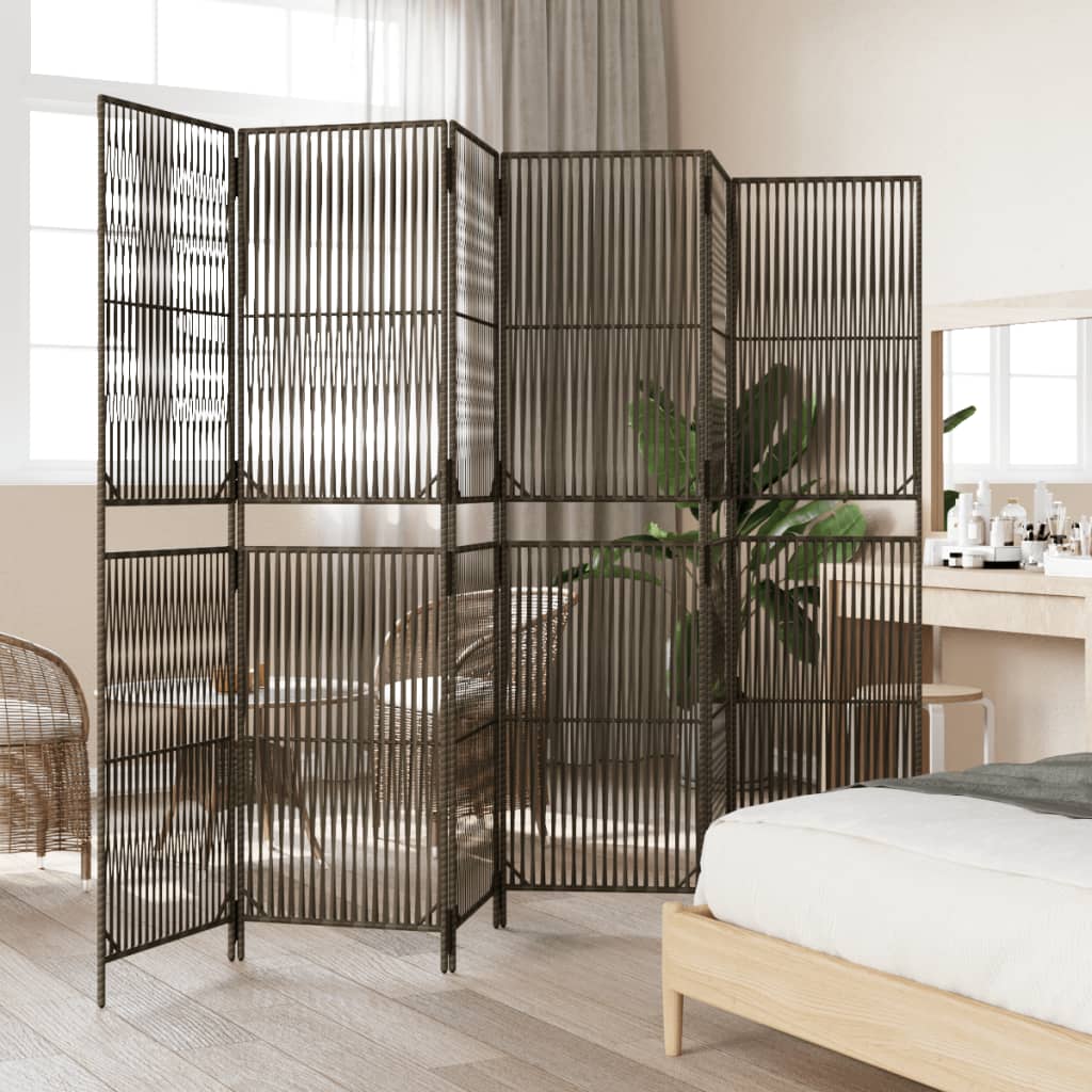 Room Divider 6 Panels Grey Poly Rattan